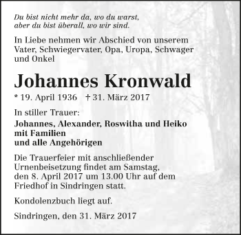 Traueranzeige von Johannes Kronwald 