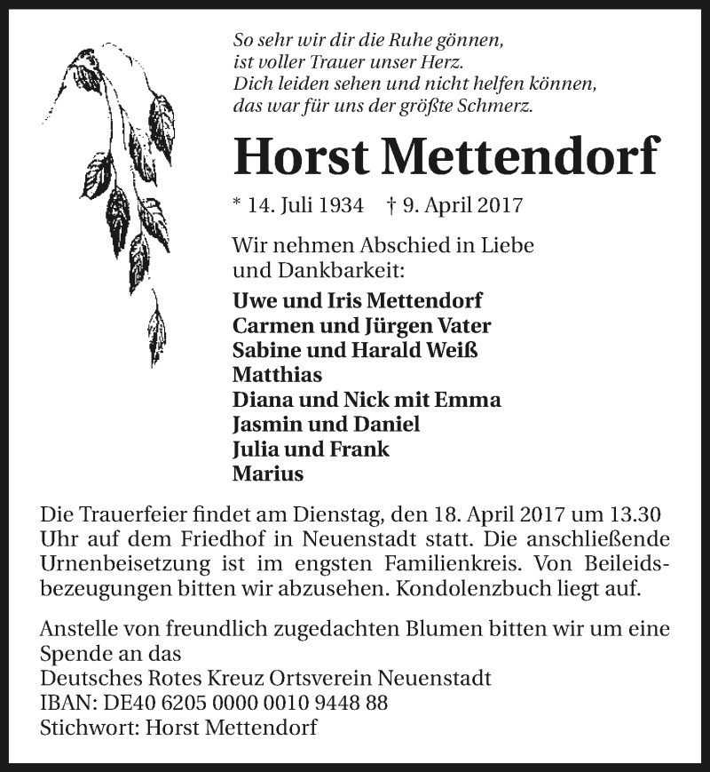  Traueranzeige für Horst Mettendorf vom 13.04.2017 aus 