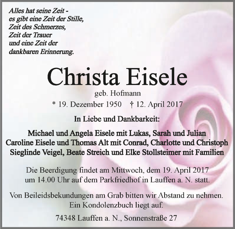  Traueranzeige für Christa Eisele vom 15.04.2017 aus 