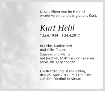 Traueranzeige von Kurt Hehl 