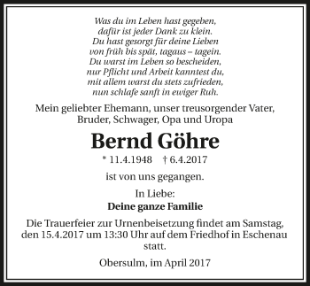 Traueranzeige von Bernd Göhre 