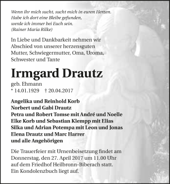 Traueranzeige von Irmgard Drautz 