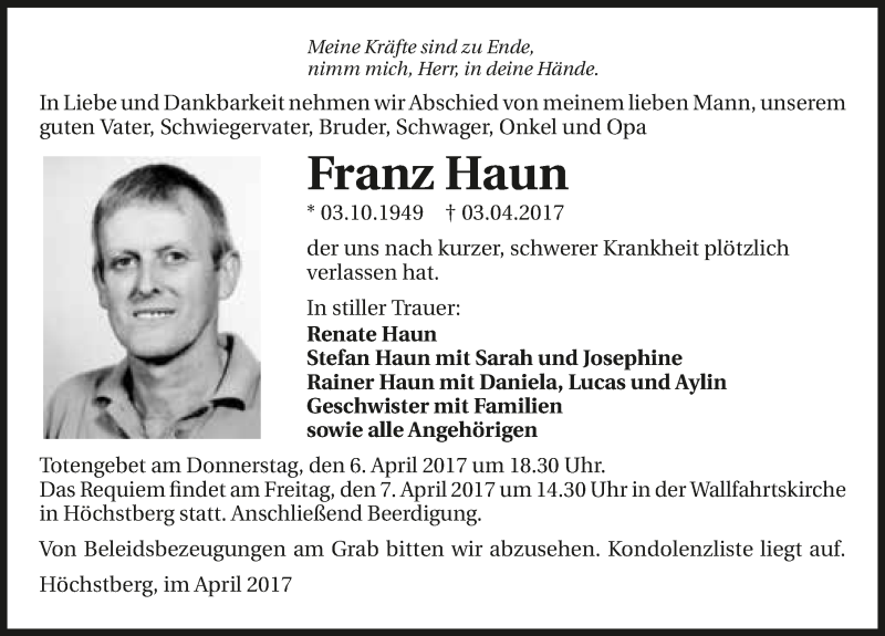  Traueranzeige für Franz Haun vom 05.04.2017 aus 