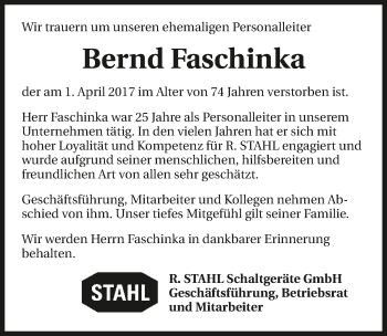 Traueranzeige von Bernd Faschinka 