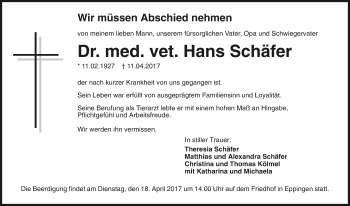 Traueranzeige von Hans Schäfer 