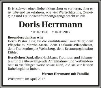 Traueranzeige von Doris Herrmann 