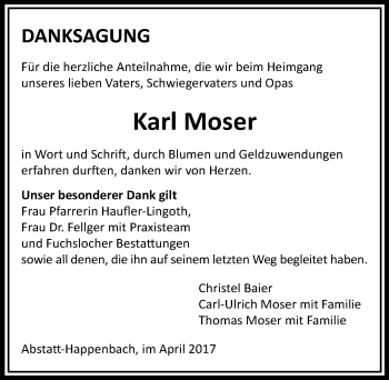 Traueranzeige von Karl Moser 