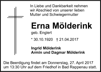 Traueranzeige von Erna Mölderink 