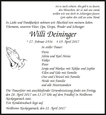 Traueranzeige von Willi Deininger 