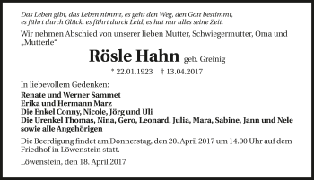Traueranzeige von Rösle Hahn 