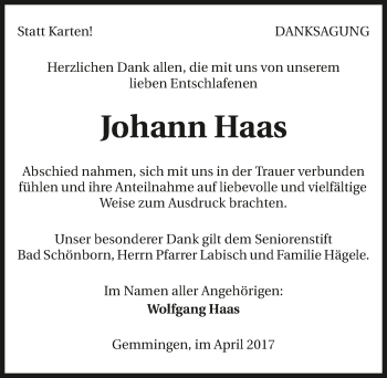 Traueranzeige von Johann Haas 