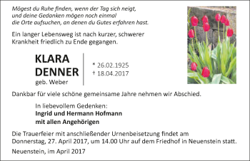 Traueranzeige von Klara Denner 