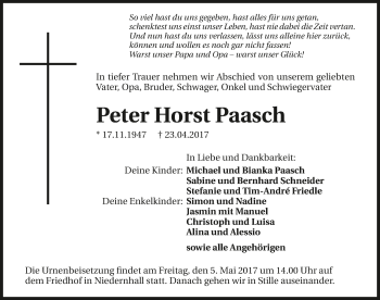 Traueranzeige von Peter Horst Paasch 