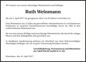 Traueranzeige von Ruth Weinmann 