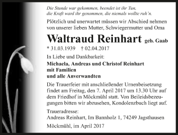 Traueranzeige von Waltraud Reinhart 