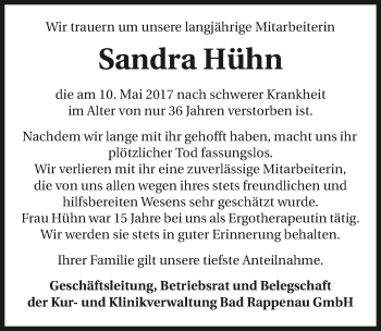 Traueranzeige von Sandra Hühn 