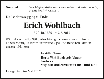 Traueranzeige von Erich Wohlbach 