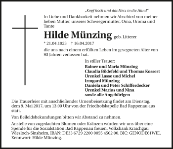 Traueranzeige von Hilde Münzing 