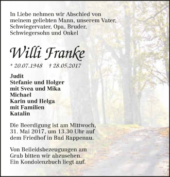 Traueranzeige von Willi Franke 