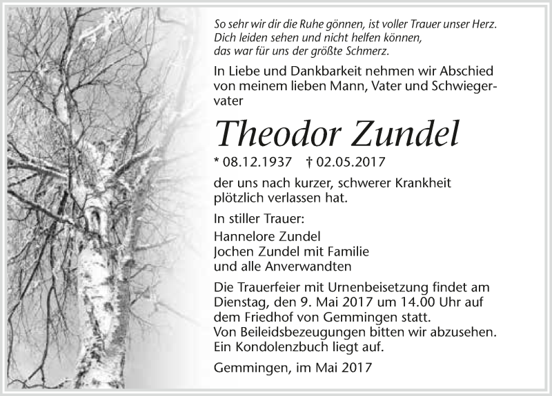  Traueranzeige für Theodor Zundel vom 05.05.2017 aus 