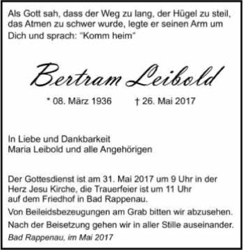 Traueranzeige von Bertram Leibold 