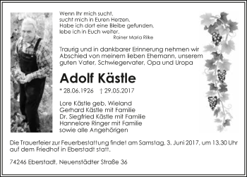 Traueranzeige von Adolf Kästle 