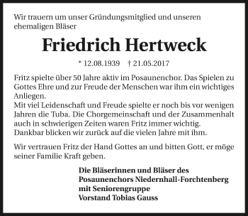 Traueranzeige von Friedrich Hertweck 