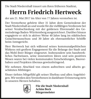 Traueranzeige von Friedrich Hertweck 