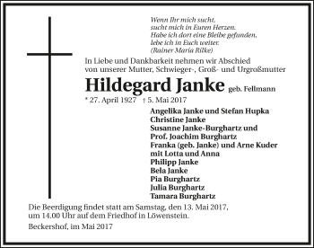 Traueranzeige von Hildegard Janke 