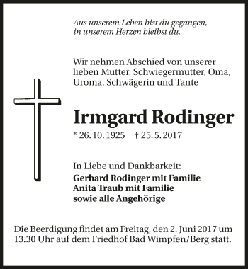 Traueranzeige von Irmgard Rodinger 