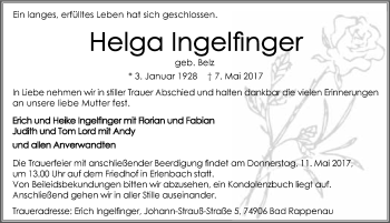 Traueranzeige von Helga Ingelfinger 