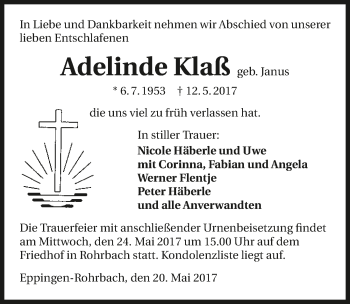 Traueranzeige von Adelinde Klaß 