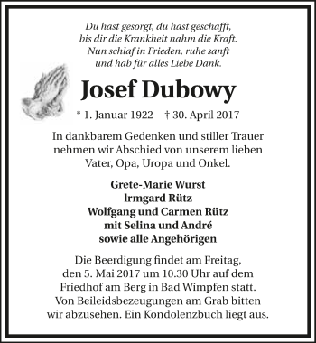 Traueranzeige von Josef Dubowy 