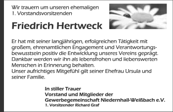 Traueranzeige von Friedrich Hertweck 