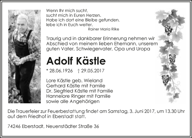  Traueranzeige für Adolf Kästle vom 31.05.2017 aus 