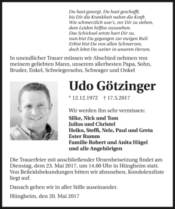 Traueranzeige von Udo Götzinger 