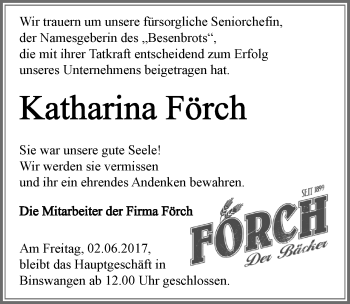 Traueranzeige von Katharina Förch  