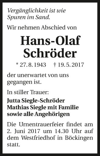 Traueranzeige von Hans-Olaf Schröder 