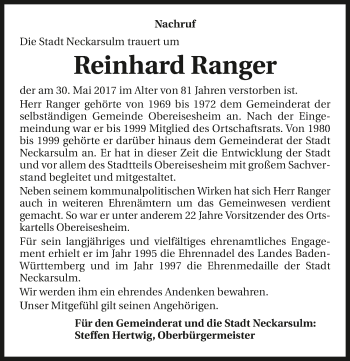 Traueranzeige von Reinhard Ranger 