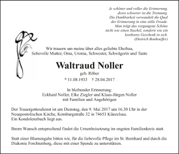 Traueranzeige von Waltraud Noller 