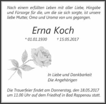 Traueranzeige von Erna Koch 