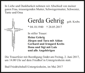Traueranzeige von Gerda Gehrig 