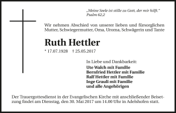 Traueranzeige von Ruth Hettler 