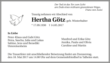 Traueranzeige von Hertha Götz 