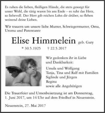 Traueranzeige von Elise Himmelein 