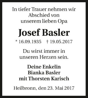 Traueranzeige von Josef Basler 