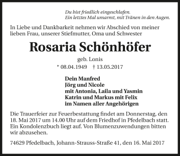 Traueranzeige von Rosaria Schönhöfer 