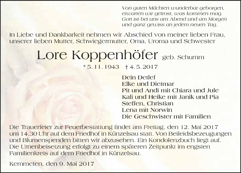  Traueranzeige für Lore Koppenhöfer vom 09.05.2017 aus 