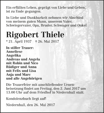 Traueranzeige von Rigobert Thiele 