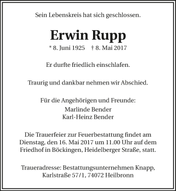 Traueranzeige von Erwin Rupp 